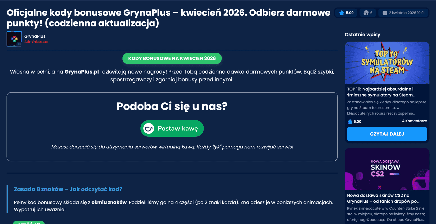 codziennie nowy kod bonusowy na grynaplus