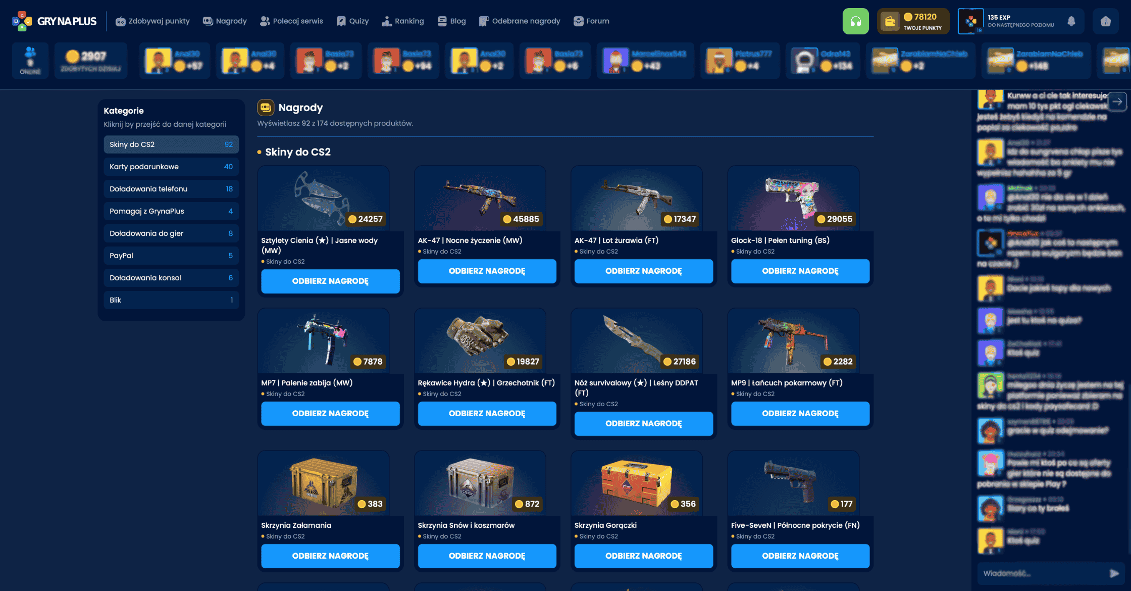 Panel nagr&oacute;d Grynaplus: darmowe skiny CS2, noże i rękawice za punkty